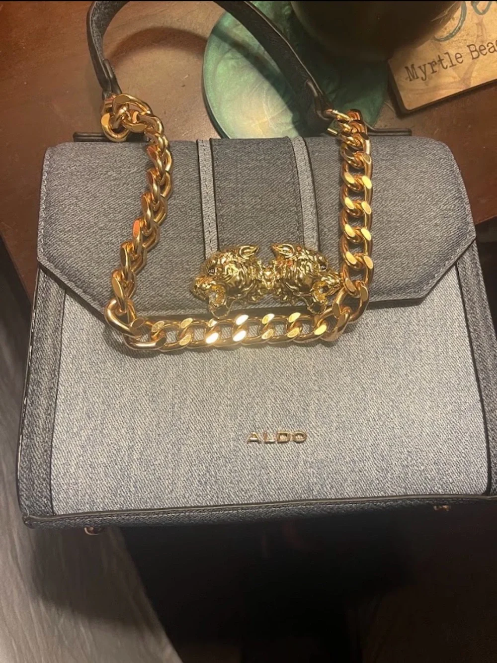 Aldo Blue Denim Structured Top-Handle Satchel with Gold Chain